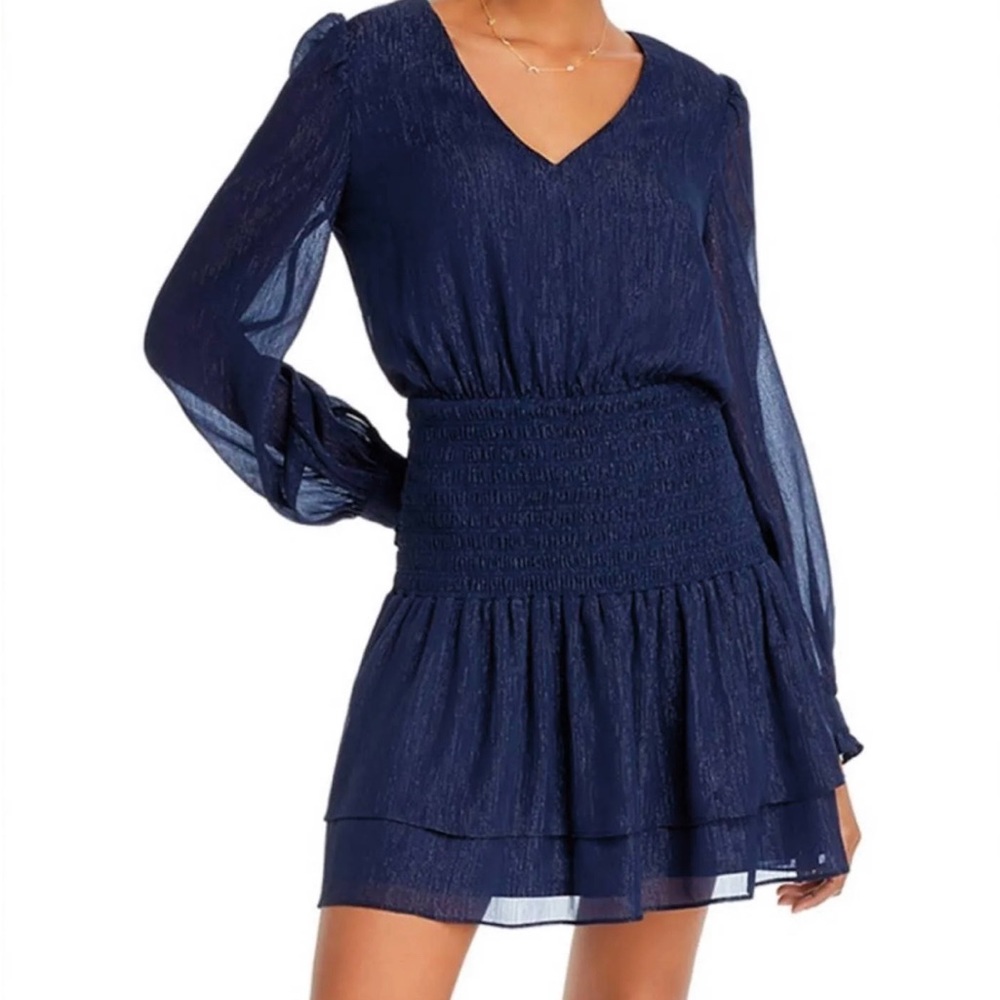Aqua Shimmer Smocked Long Sleeve Dress (XS)
